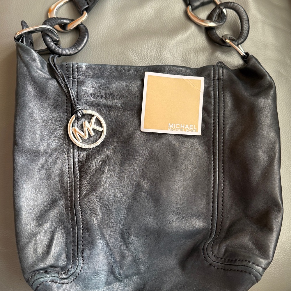 Michael Kors Black Leather Shoulder Bag with Silver Accents (Nappa leather)